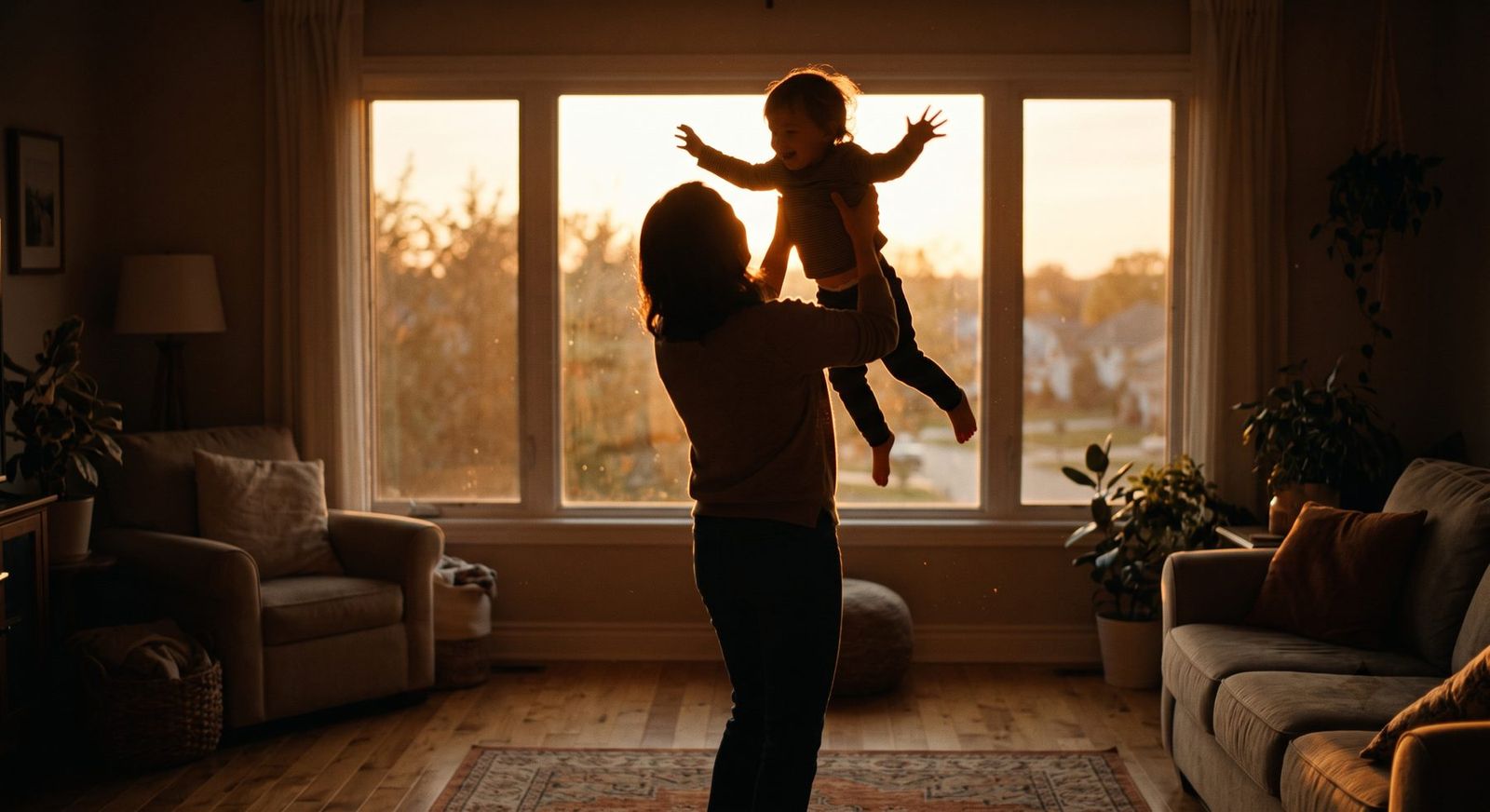Una madre alzando a su hijo frente a la ventana al atardecer