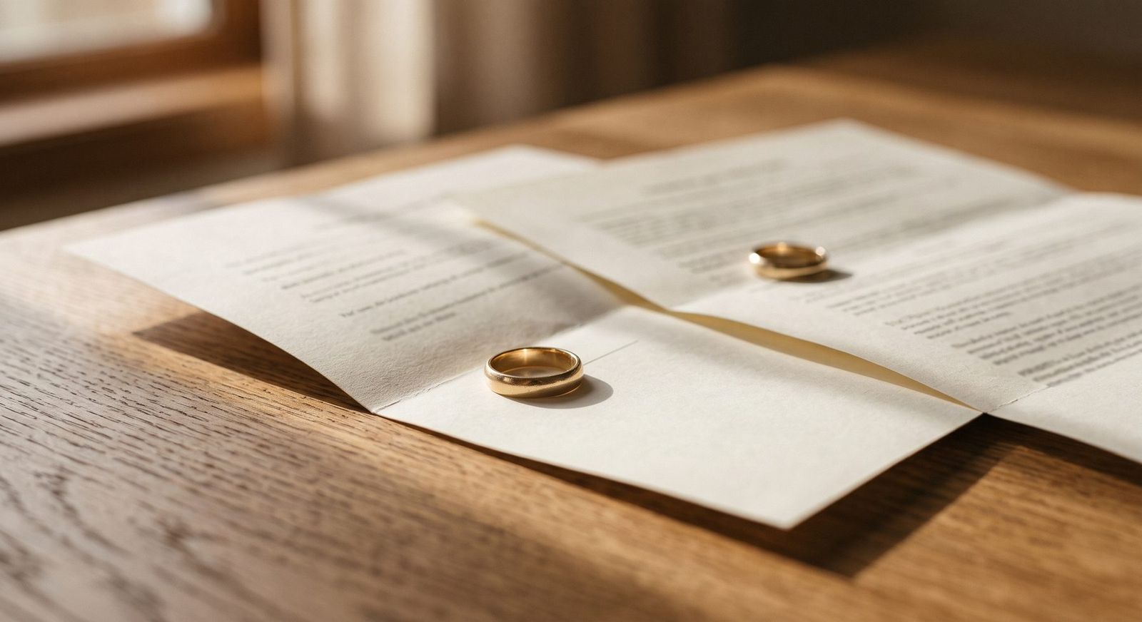 Dos argollas de matrimonio sobre un documento en una mesa de madera